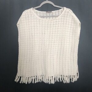 Loft Ann Taylor Poncho Med Sweater Top Sleeveless Crew Neck Crochet knit Fringe